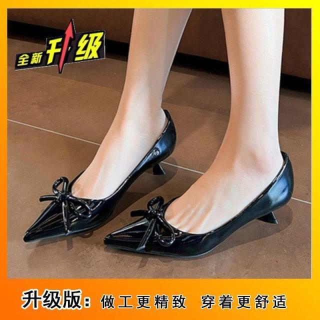 13125198.高跟单鞋中跟红色新娘婚鞋法式细跟单鞋女气质蝴蝶结不累脚单鞋