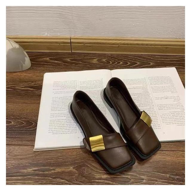 13125280.复古英伦风金属扣单鞋方头软底乐福女一脚蹬单鞋