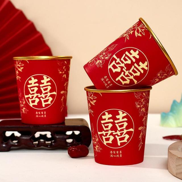 13128717.结婚金箔一次性纸杯敬茶敬酒婚礼宴席加厚喜字水杯子婚庆用品
