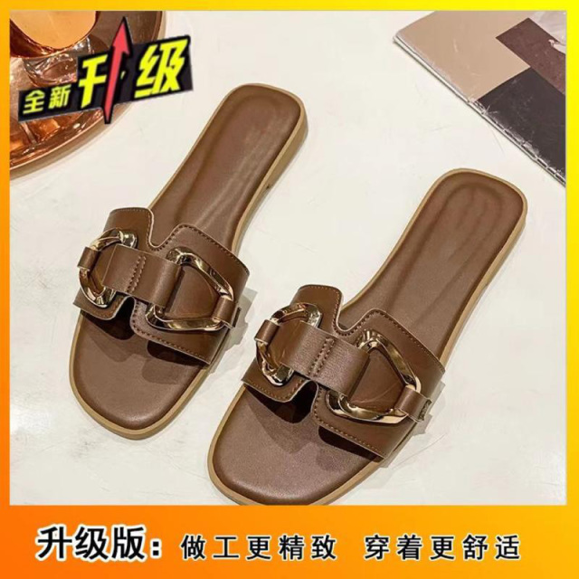 13125266.平底凉拖鞋女外穿金属装饰一字凉拖平跟洋气女鞋