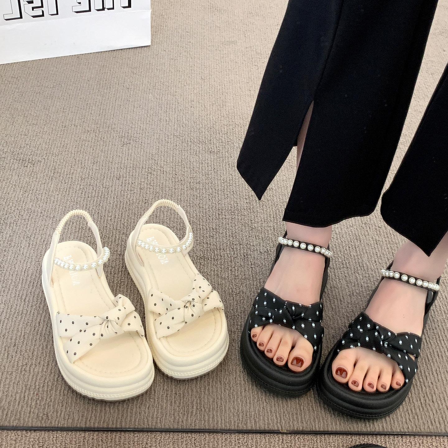 13638321.波点厚底凉鞋女夏季法式温柔风蝴蝶结罗马凉鞋