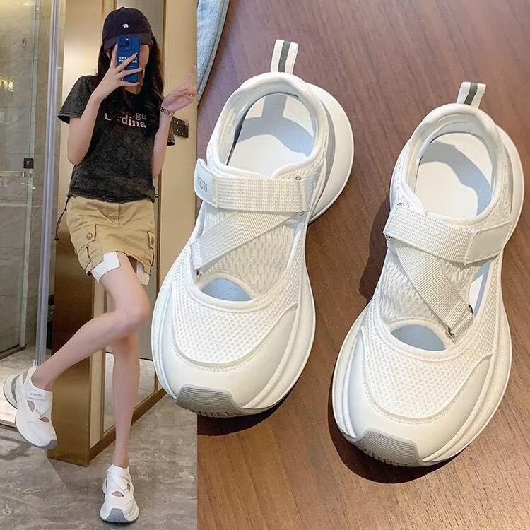 13639397.厚底运动凉鞋女款夏季魔术贴镂空透气网面休闲鞋子凉鞋