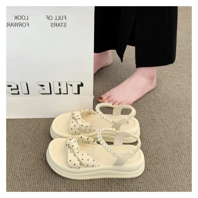13638321.波点厚底凉鞋女夏季法式温柔风蝴蝶结罗马凉鞋