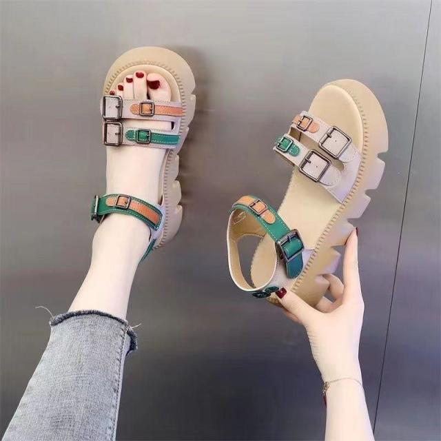 13639269.复古厚底凉鞋女夏季松糕时尚配裙罗马凉鞋绿色