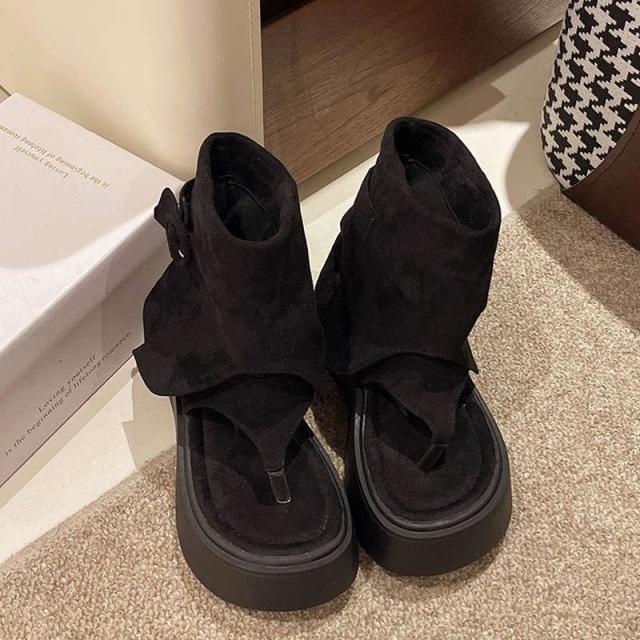 13638227.凉鞋女夏款夹趾凉靴女露趾堆堆厚底西部牛仔凉鞋
