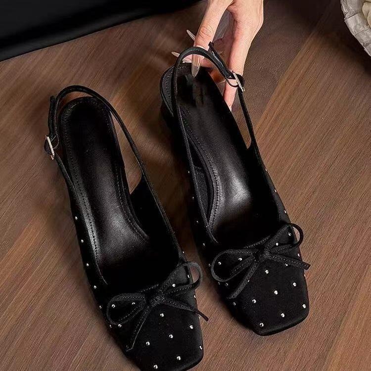13639275.蝴蝶结黑色凉鞋女后绊带包头凉鞋女夏绸缎粗跟高跟凉鞋
