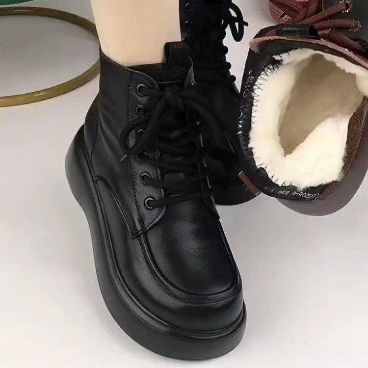 13100781.厚底雪地靴女冬季加绒加厚棉鞋皮面防水短靴洋气女士棉靴