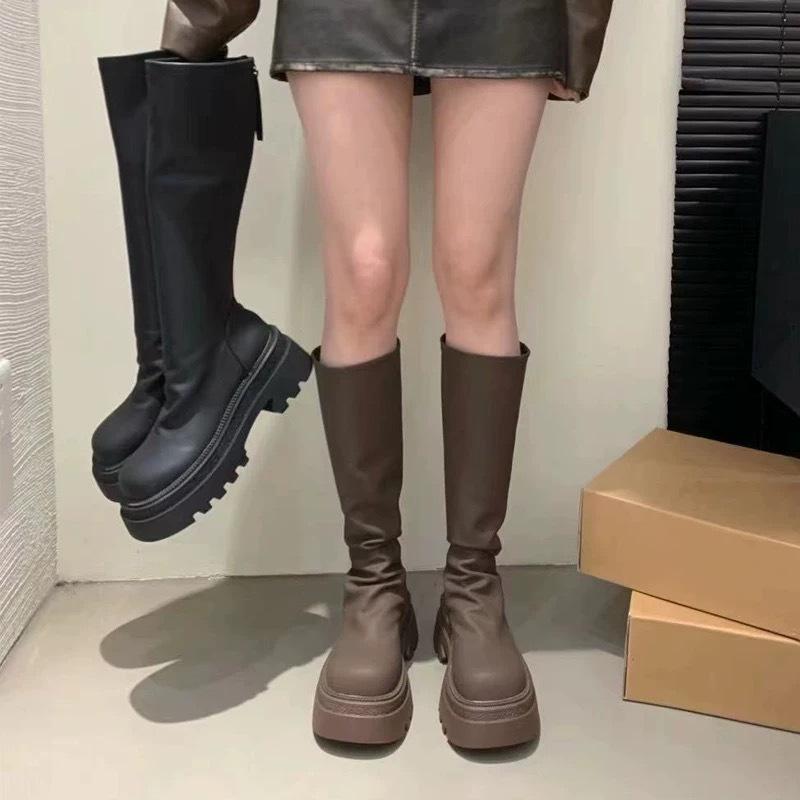 13100797.小个子加绒皱褶弹力高筒靴松糕厚底瘦瘦长靴女显瘦复古倒靴长筒靴