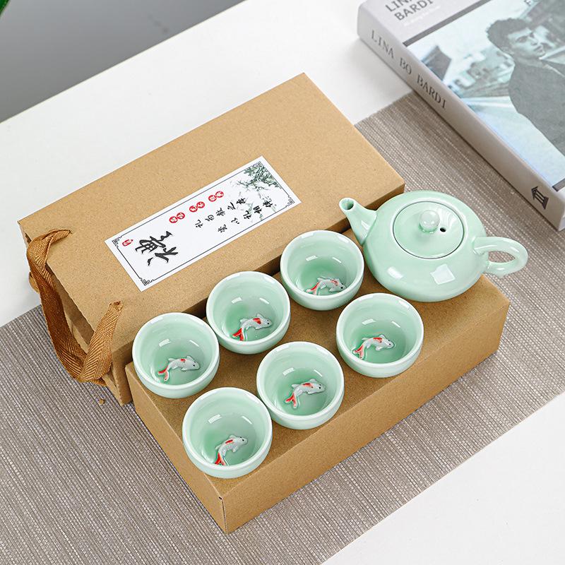13214797.青瓷小鱼一壶六杯茶具套装家用简约便携礼品活动伴手礼