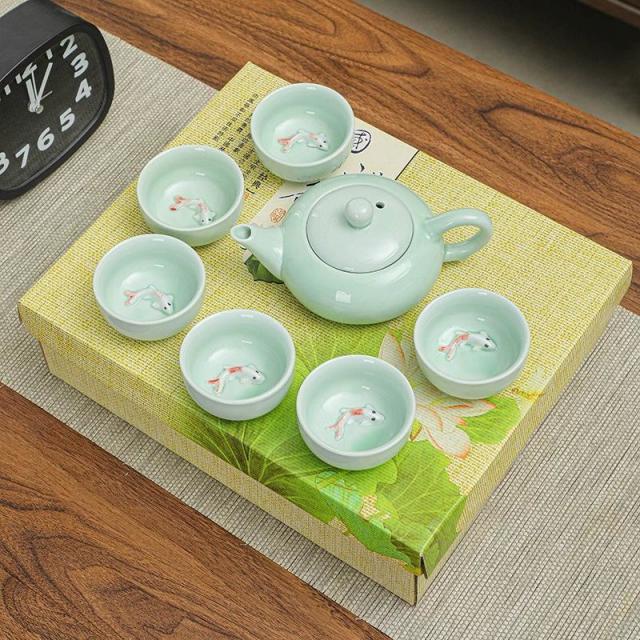 13214797.青瓷小鱼一壶六杯茶具套装家用简约便携礼品活动伴手礼