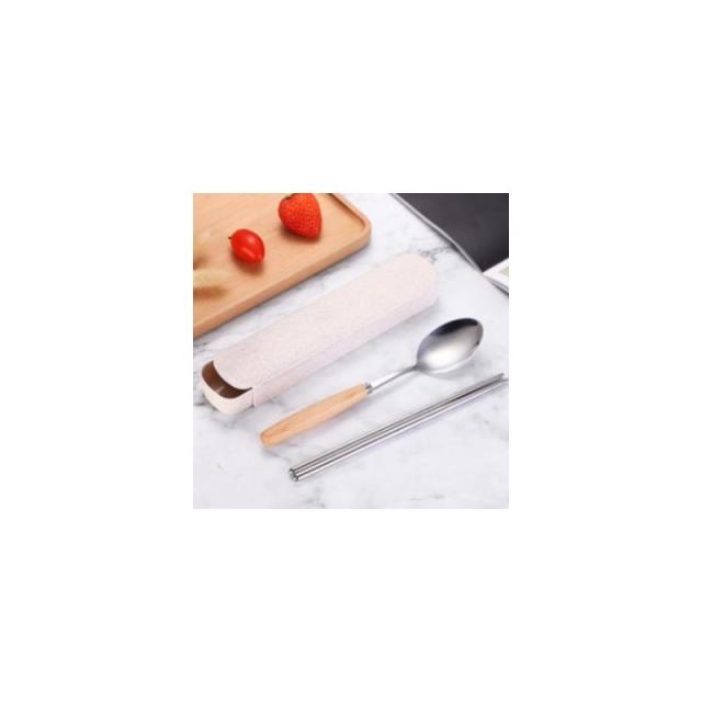13214679.木柄不锈钢餐具三件套实木筷子叉子勺子户外旅行礼品餐具套装