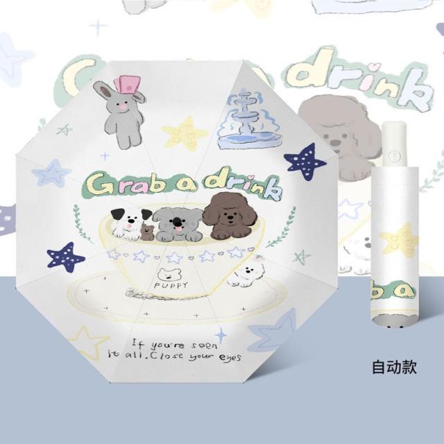 13215116.三折自动晴雨伞卡通数码折叠伞黑胶防紫外线防晒遮阳太阳伞