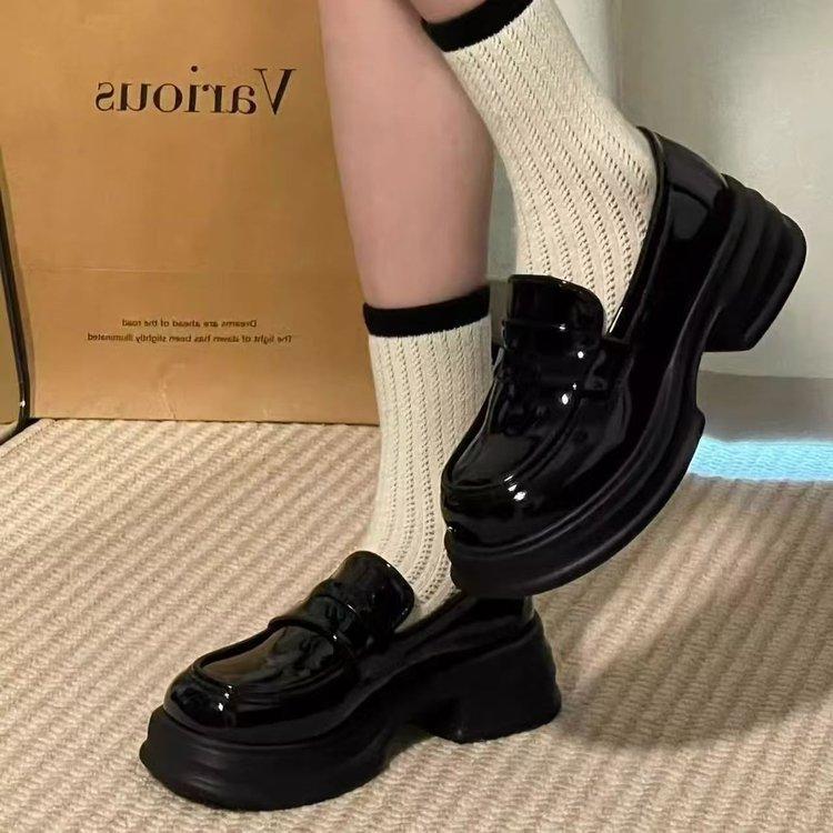13243150.黑色粗跟小皮鞋女英伦春季复古jk制服单鞋厚底乐福鞋