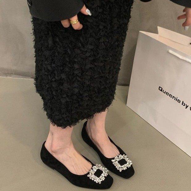 13244316.平底感方头水钻单鞋女鞋子黑色通勤上班单鞋
