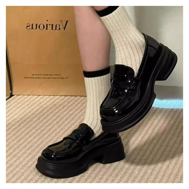 13243150.黑色粗跟小皮鞋女英伦春季复古jk制服单鞋厚底乐福鞋