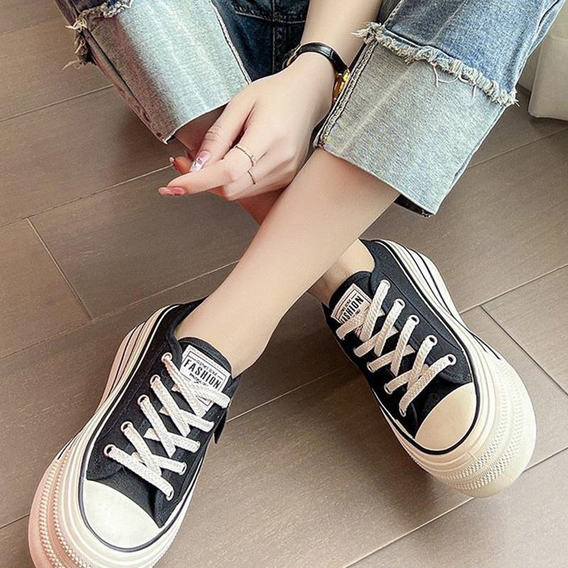 13244669.厚底帆布鞋女韩版小个子圆头系带低帮板鞋小