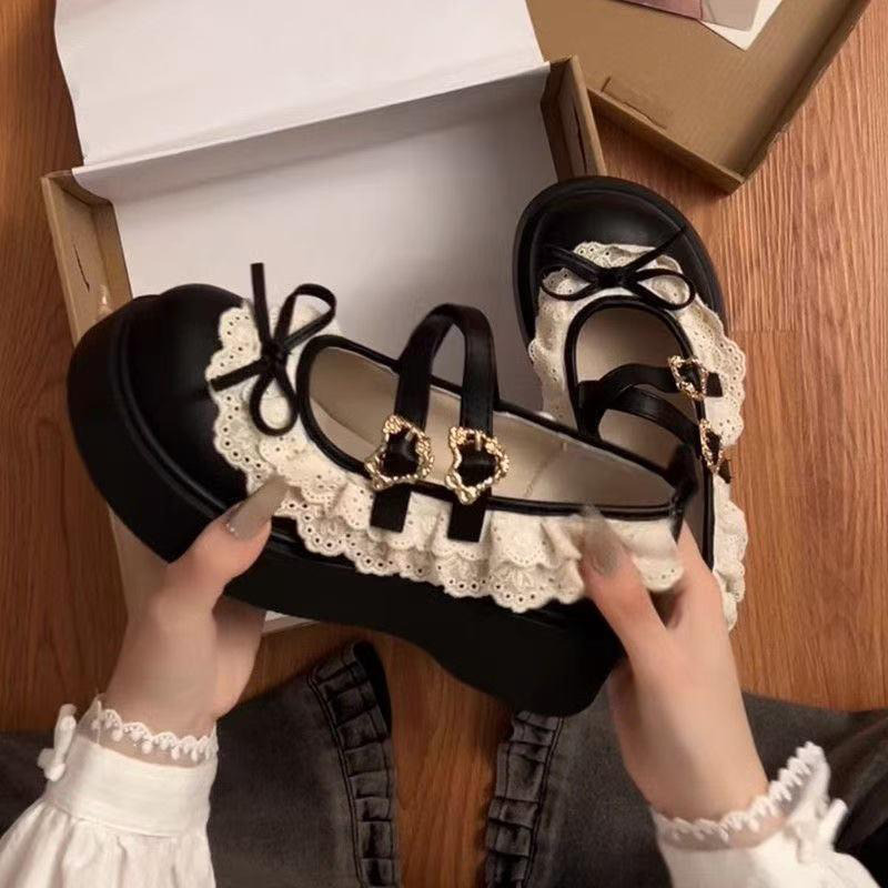 13243123.粉色厚底蝴蝶结花边小皮鞋女春季配裙子法式玛丽珍单鞋