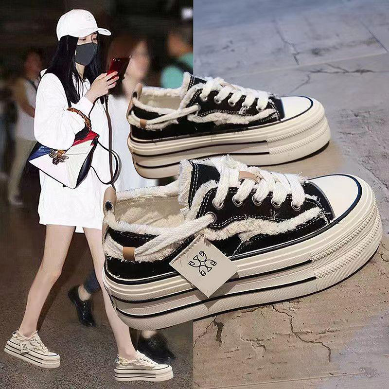 13245009.帆布鞋女款小白鞋松糕板鞋薄款透气洋气休闲女鞋子