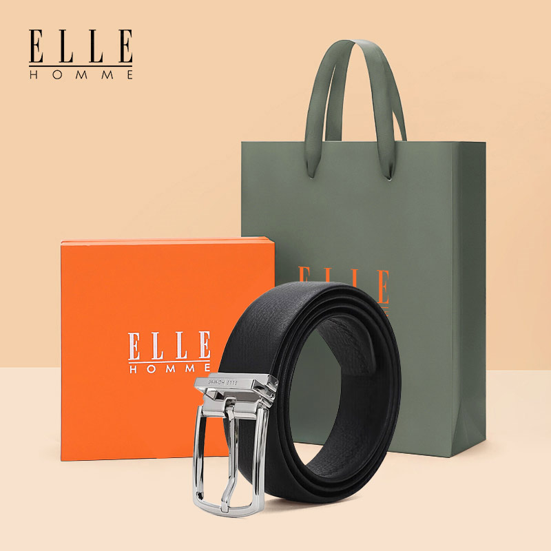 12817623.【送礼盒+礼袋】ELLE HOMME 头层牛皮腰带时尚针扣皮带情人节礼物