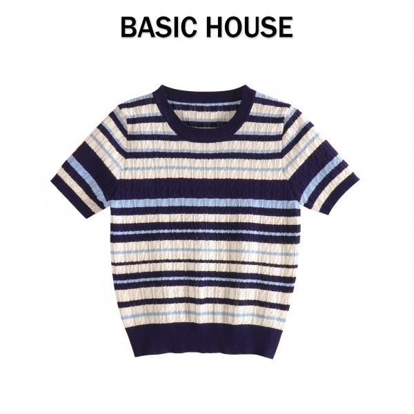 13834176.Basic House/百家好夏季显瘦小个子时尚条纹针织毛衫