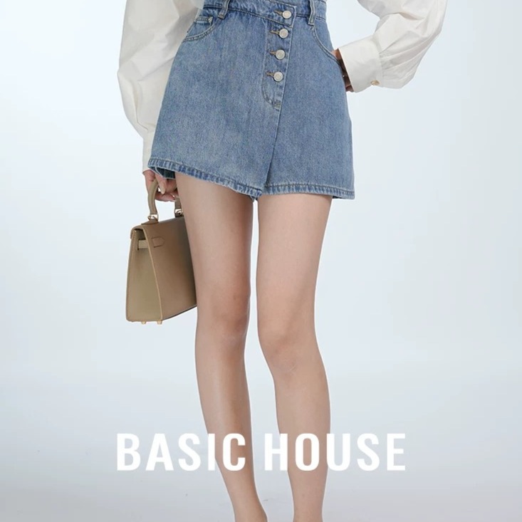13834134.Basic House/百家好夏季高腰显瘦不规则A字牛仔半身裙裤时尚潮流