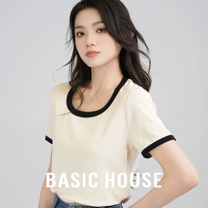 13834130.Basic House/百家好方领INS风短款染色T恤百搭纯色打底衫夏季简约
