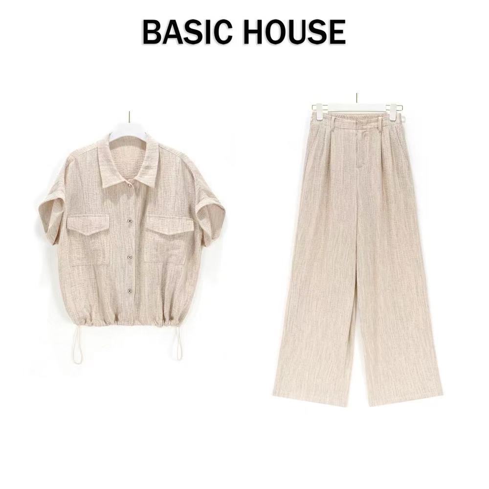 13834189.Basic House/百家好夏季新款休闲短袖衬衫减龄高腰阔腿裤时尚套装
