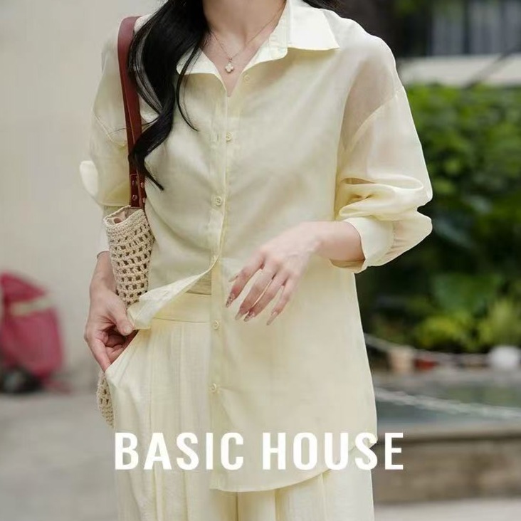 13834185.Basic House/百家好夏季新款文艺松弛长袖衬衫三件套装轻薄透气宽松显瘦