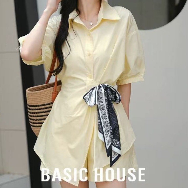 13834186.Basic House/百家好新款气质轻职风时尚系带衬衫高级感短裤套装