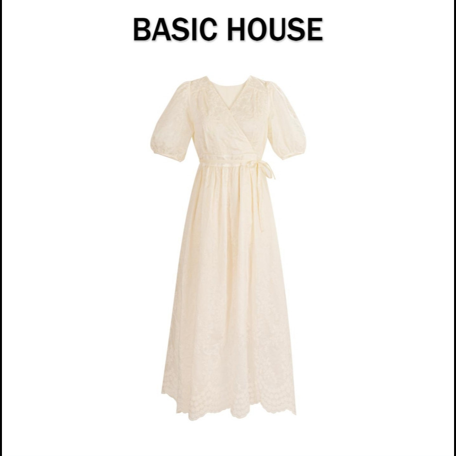 13834195.Ba*ic Ho*se/百*好新款CSM法式V领提花收腰女装连衣裙气质
