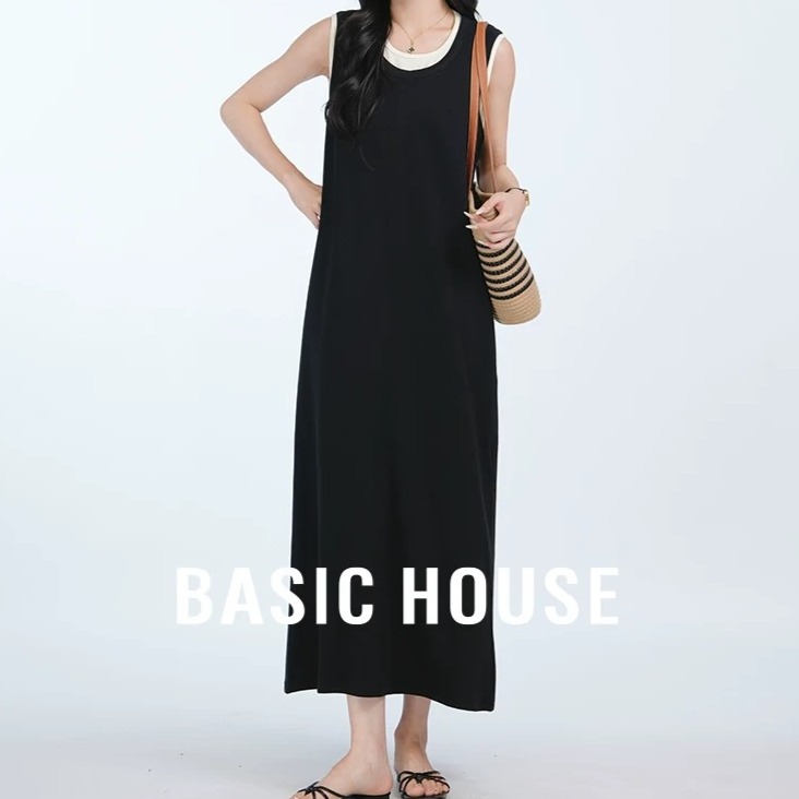 13834110.Basic House/百家好夏季新款假两件拼接连衣裙无袖针织宽松连衣裙