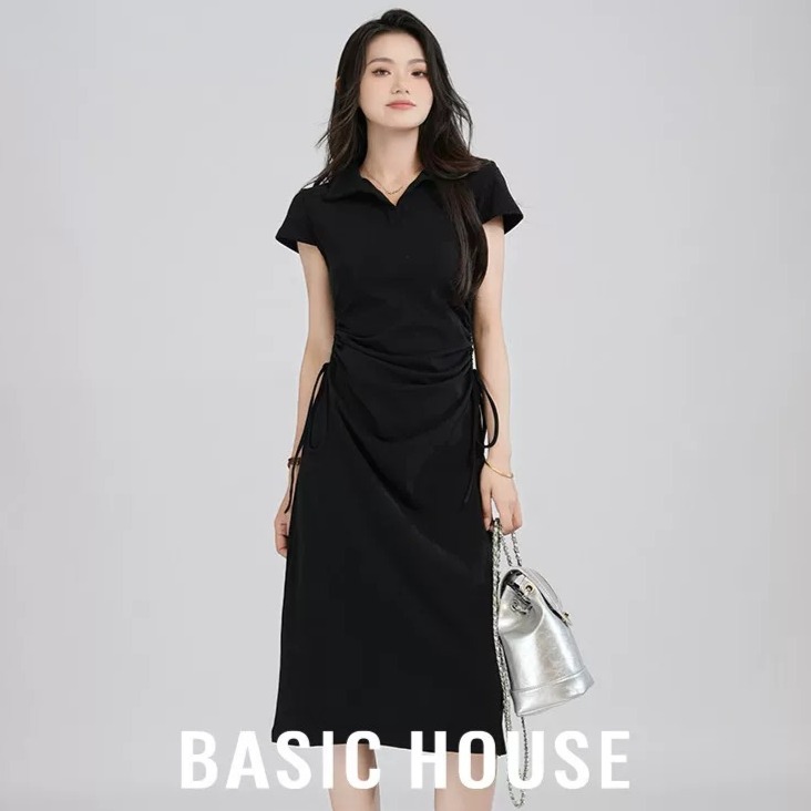 13834089.Basic House/百家好复古收腰时尚显瘦夏季抽绳连衣裙新款