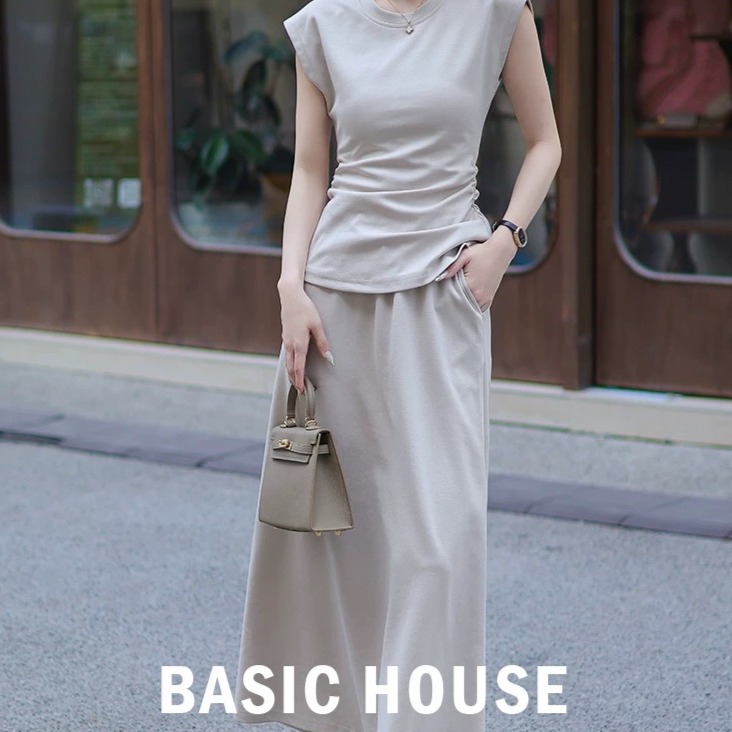 13834108.Basic House/百家好CSM夏季气质简约收腰显瘦上衣半身裙两件套