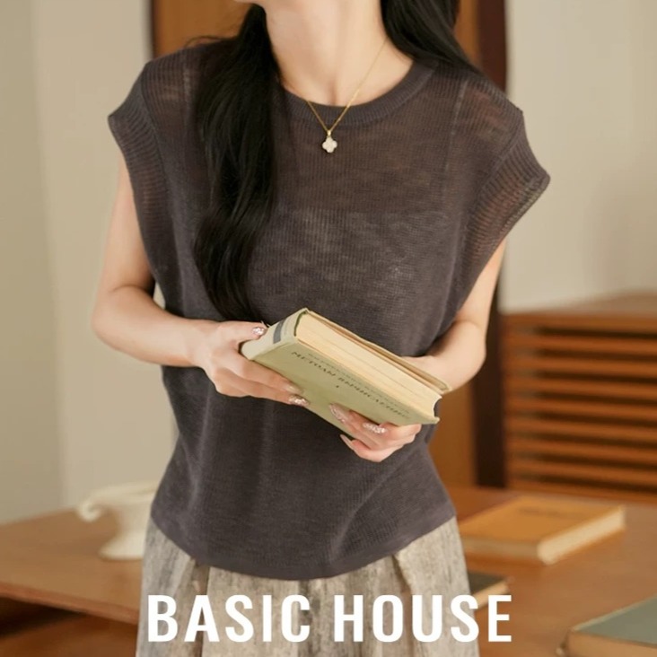 13834091.Basic House/百家好夏季新款韩系纯色圆领小飞袖针织上衣显瘦百搭