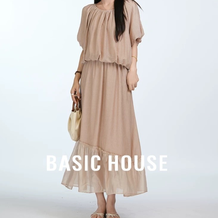 13834104.Basic House/百家好新款法式甜美短袖衬衫加半身长裙两件套