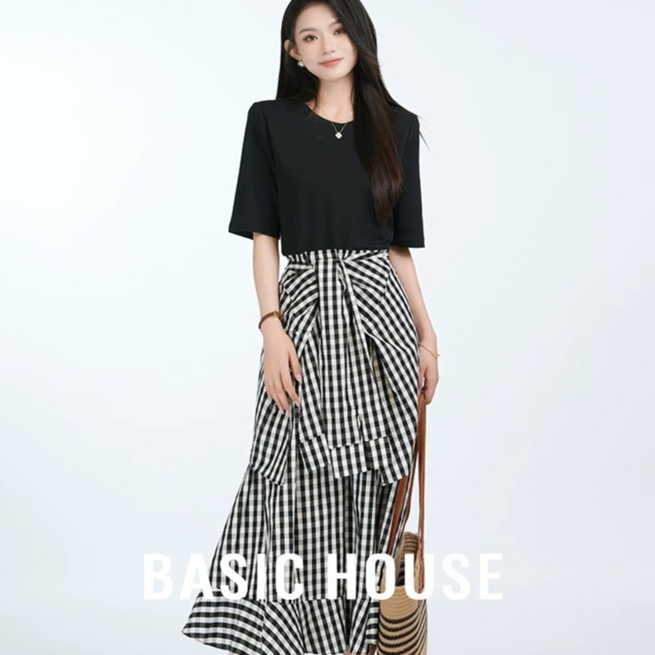13834100.Basic House/百家好格子高腰套头短袖夏季通勤连衣裙时尚格纹洋气