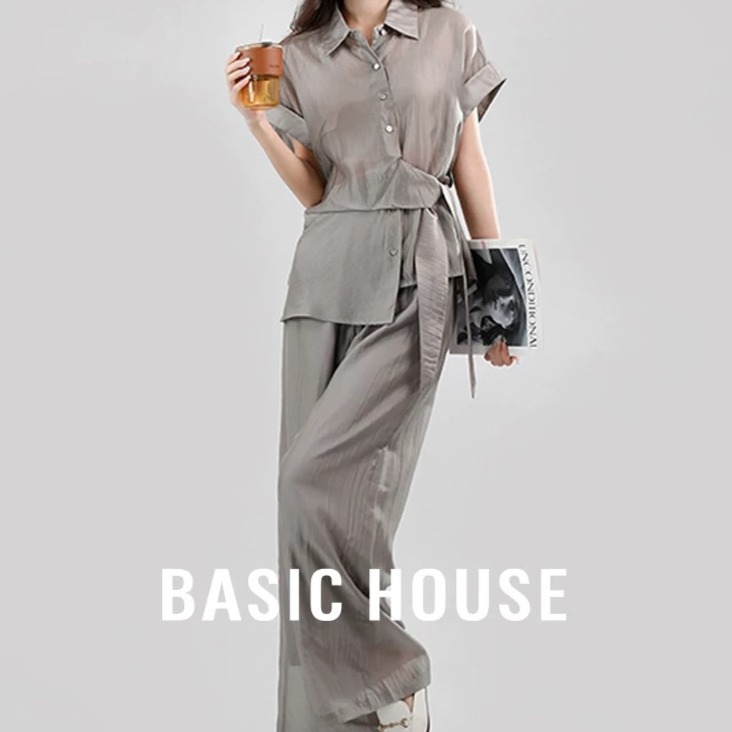13834097.Basic House/百家好复古文艺风宽松衬衫阔腿裤时尚套装女通勤必备