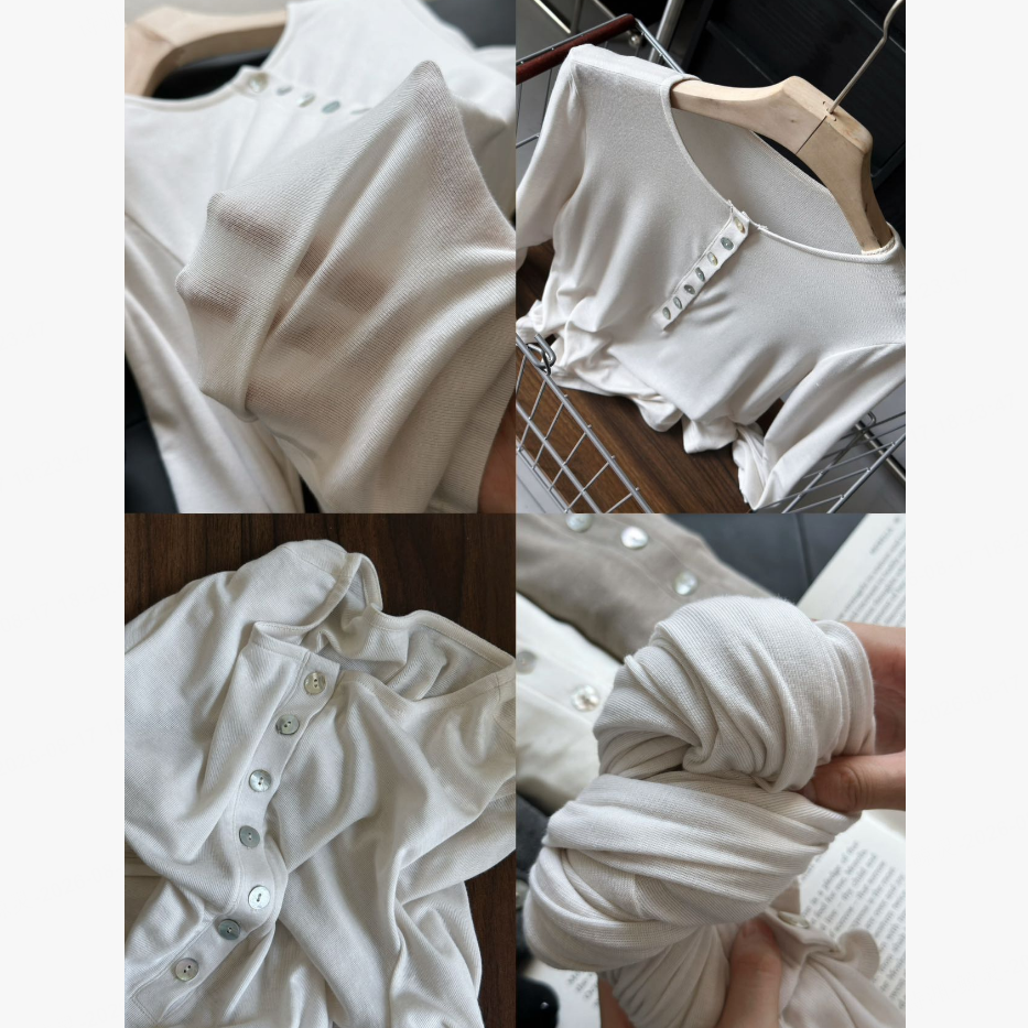 13770668.麻都/早秋设计感贝壳七粒扣瘦瘦T休闲长袖T SJ3431