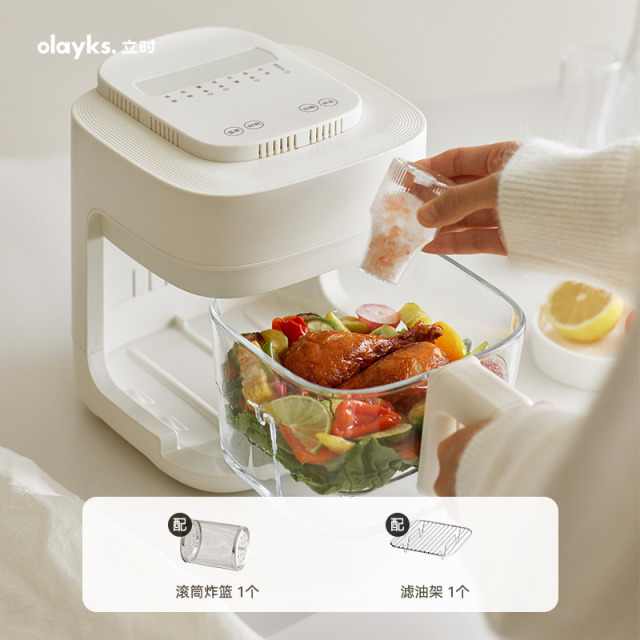 13618371.olayks立时琉璃匣空气炸锅小型家用免翻面自动翻滚烹饪智能可视炸锅玻璃内胆烤烹饪锅具蒸锅