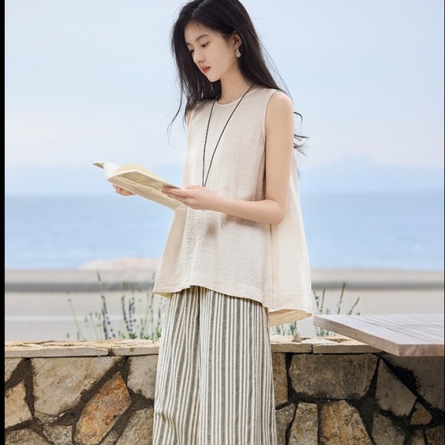 13762558.诗茉琳洱语系列无袖上衣时尚套装女夏季清凉松弛两件套