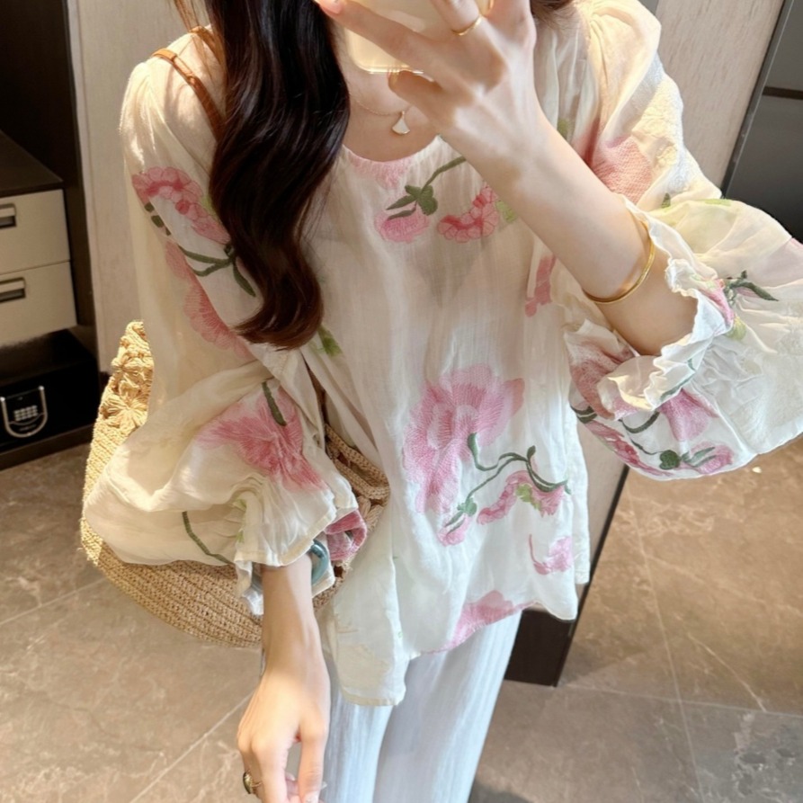 13684552.【雅薇吉】粉黛芍药灯笼袖莱赛尔防晒宽松上衣