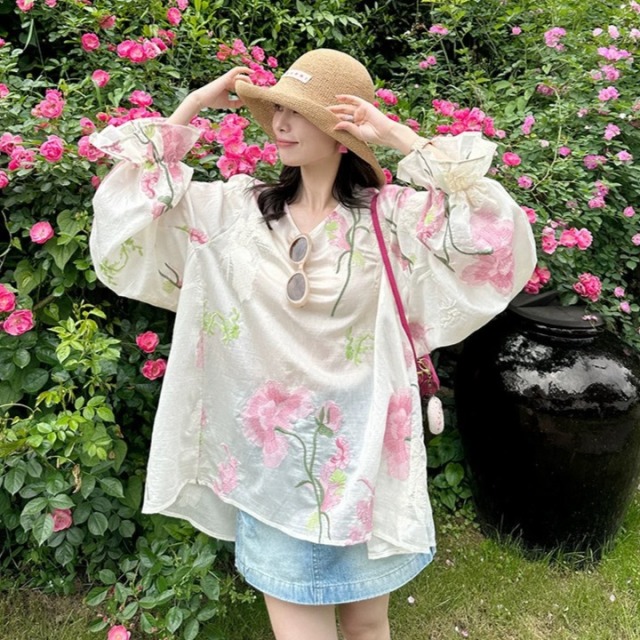13684552.【雅薇吉】粉黛芍药灯笼袖莱赛尔防晒宽松上衣