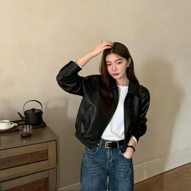 13847796.【雅薇吉】美式短款收腰显瘦PU皮衣,实物咖色颜色偏深,购买时请注意