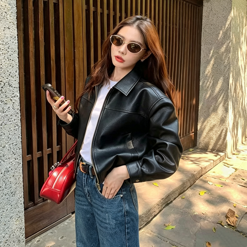 13847796.【雅薇吉】美式短款收腰显瘦PU皮衣，实物咖色颜色偏深，购买时请注意