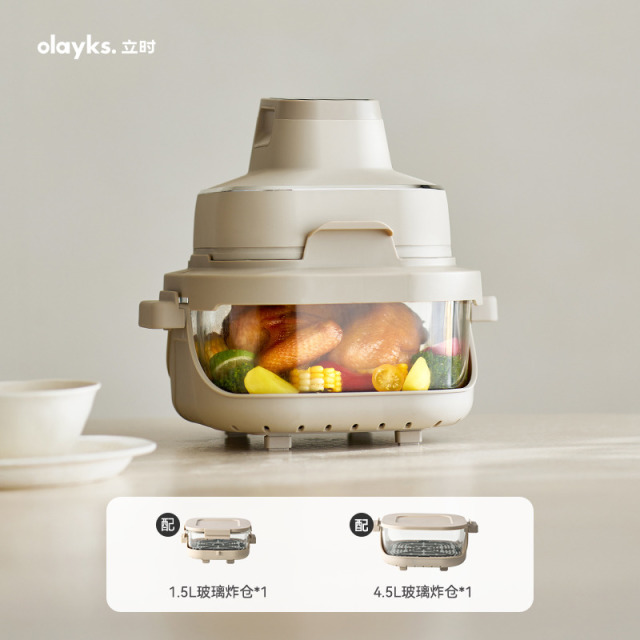 13470483.olayks立时全玻璃空气炸锅家用2026新款免翻可视大容量烹饪锅具蒸锅