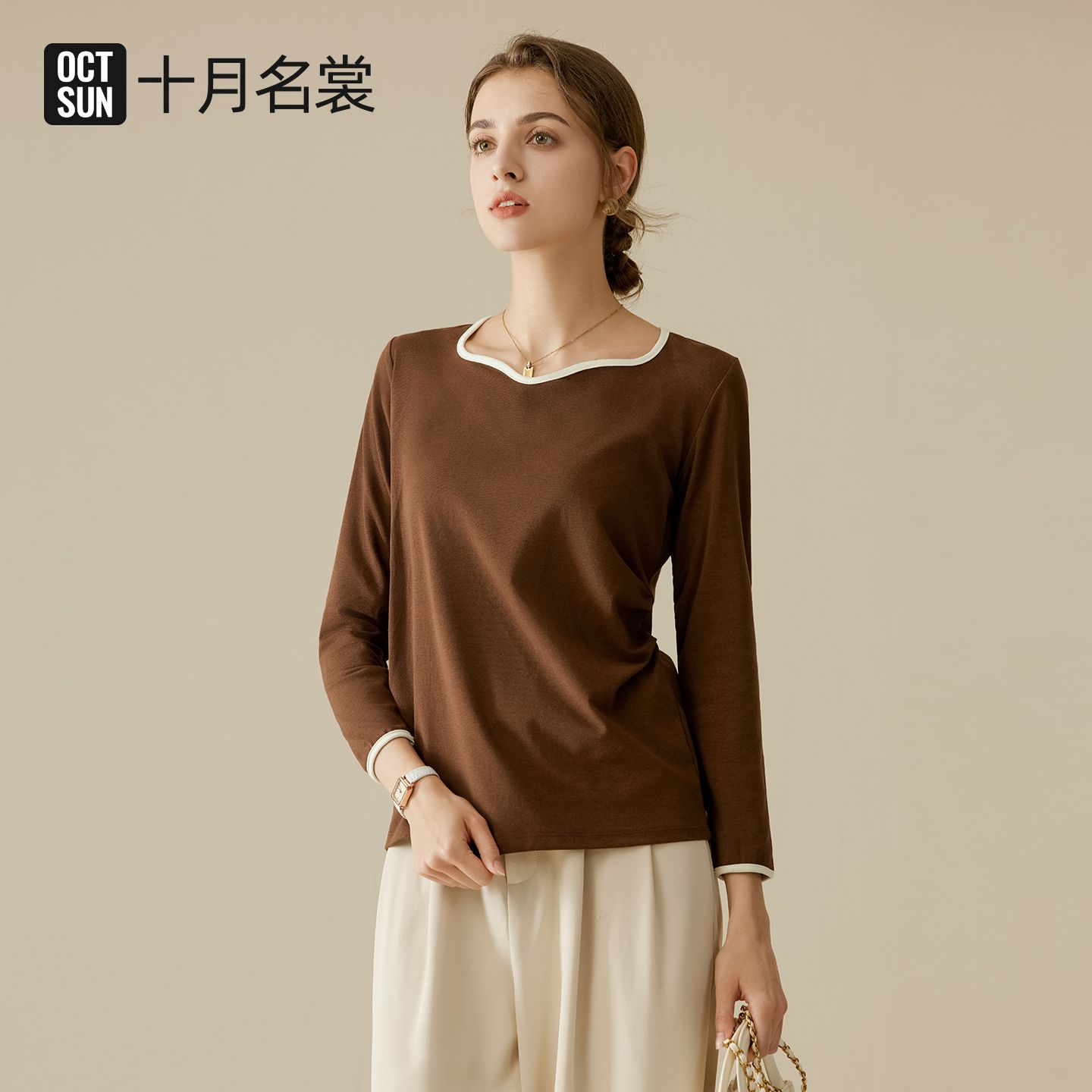 13639686.十月名裳孕妇装T恤秋冬季长袖纯色保暖上衣时尚舒适显瘦打底衫女
