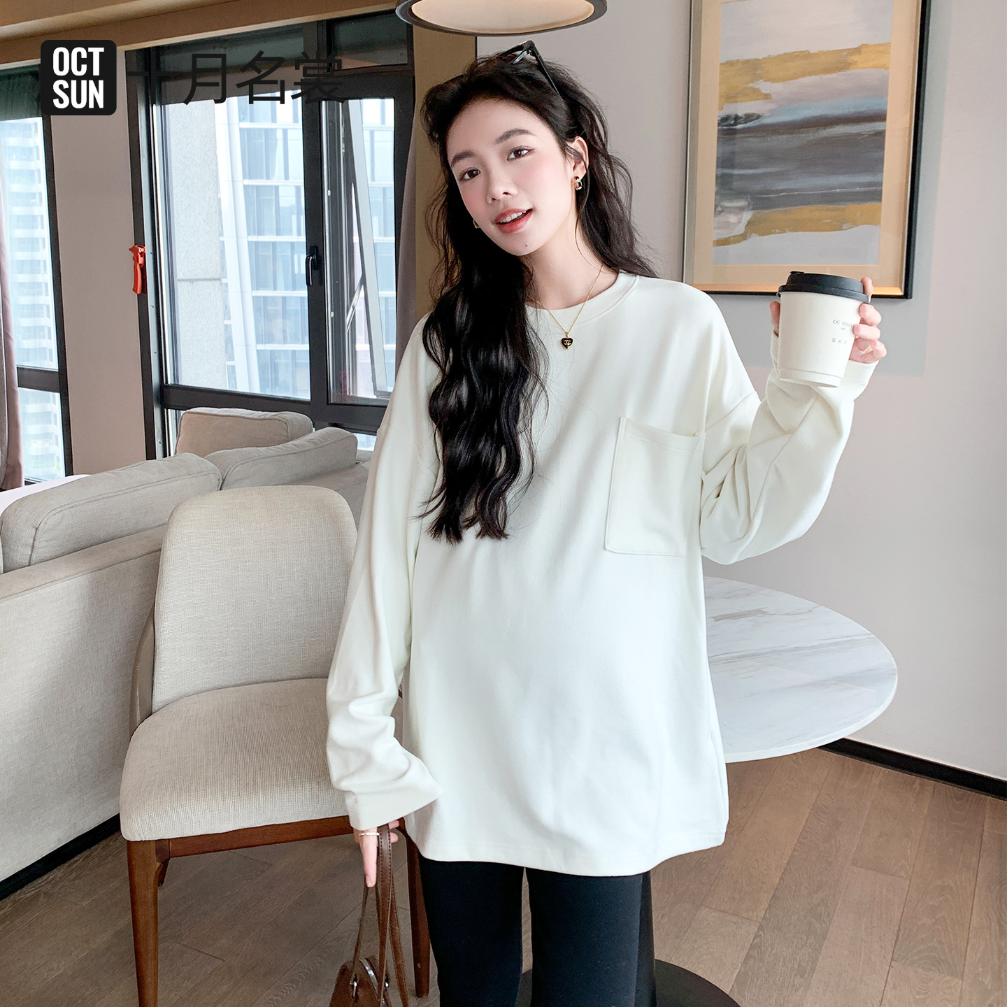 13662675.十月名裳孕妇装T恤时尚简约美式宽松遮孕肚打底衫女加厚加绒上衣