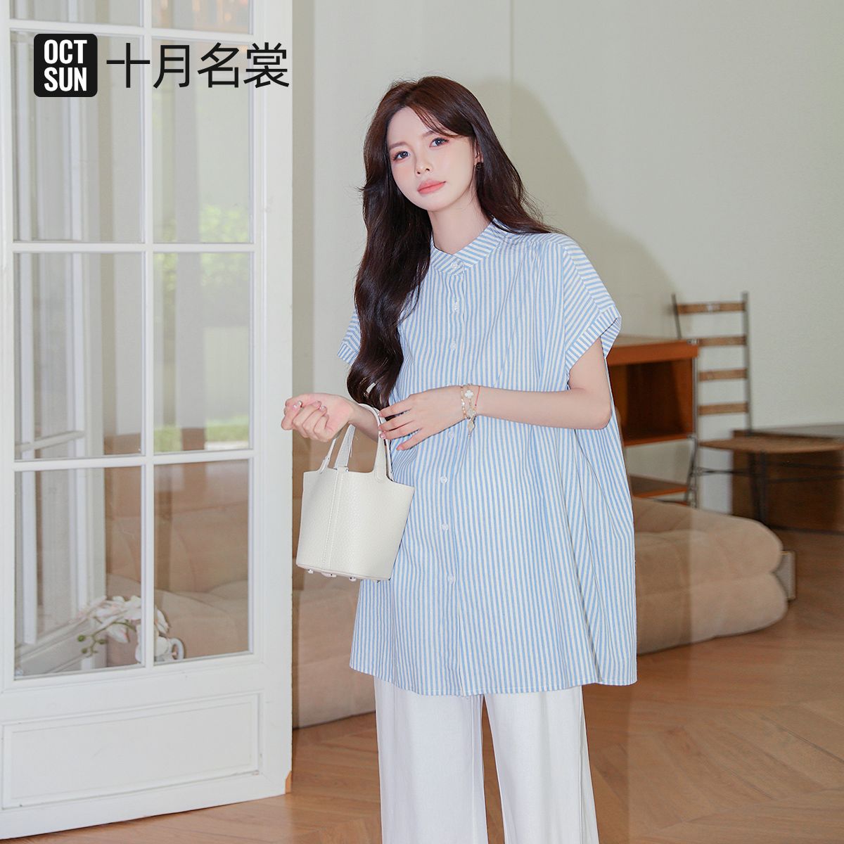 13686843.十月名裳孕妇上衣夏季新款韩版条纹宽松遮肚中长款大码显瘦短袖衬衣