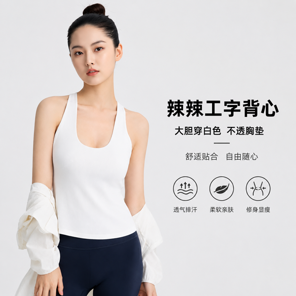 13468799.【辣辣工字背心】辣妹挂脖胸垫吊带背心女遮副乳不透杯短款运动上衣
