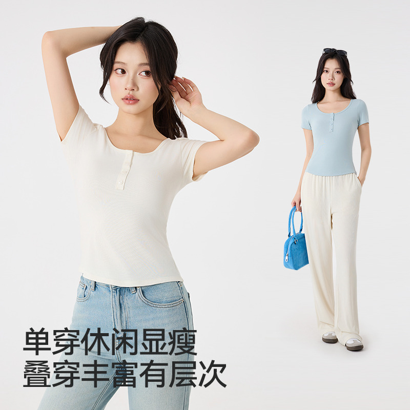 13682366.【云朵感tee】】莱赛尔亨利领带胸垫短袖t恤女正修身T 卡码偏大